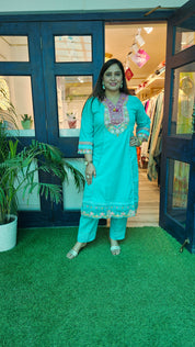 Elegant A-Line Cotton Kurta Set with Embroidery & Printed Tissue Linen Dupatta