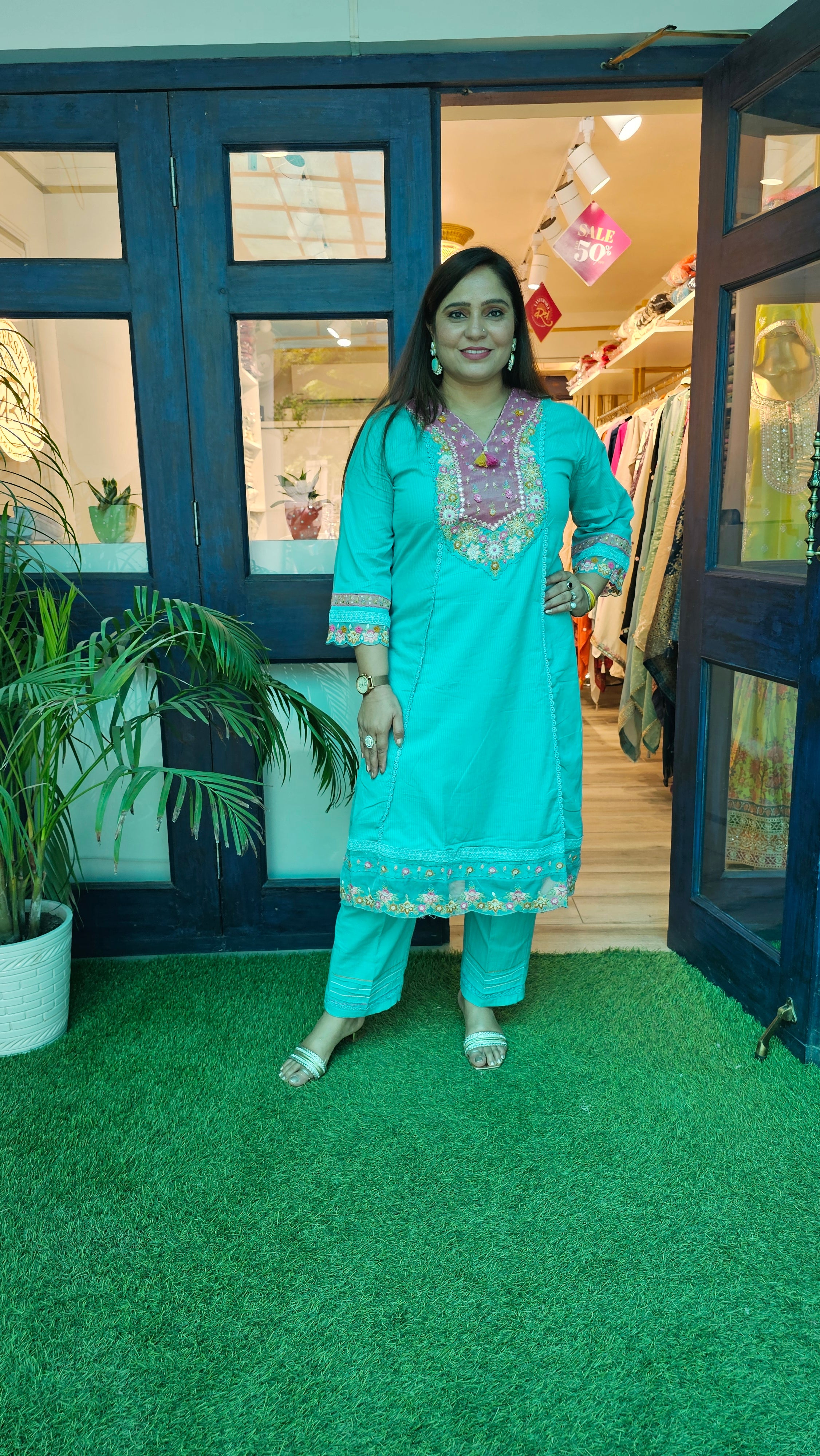 Elegant A-Line Cotton Kurta Set with Embroidery & Printed Tissue Linen Dupatta