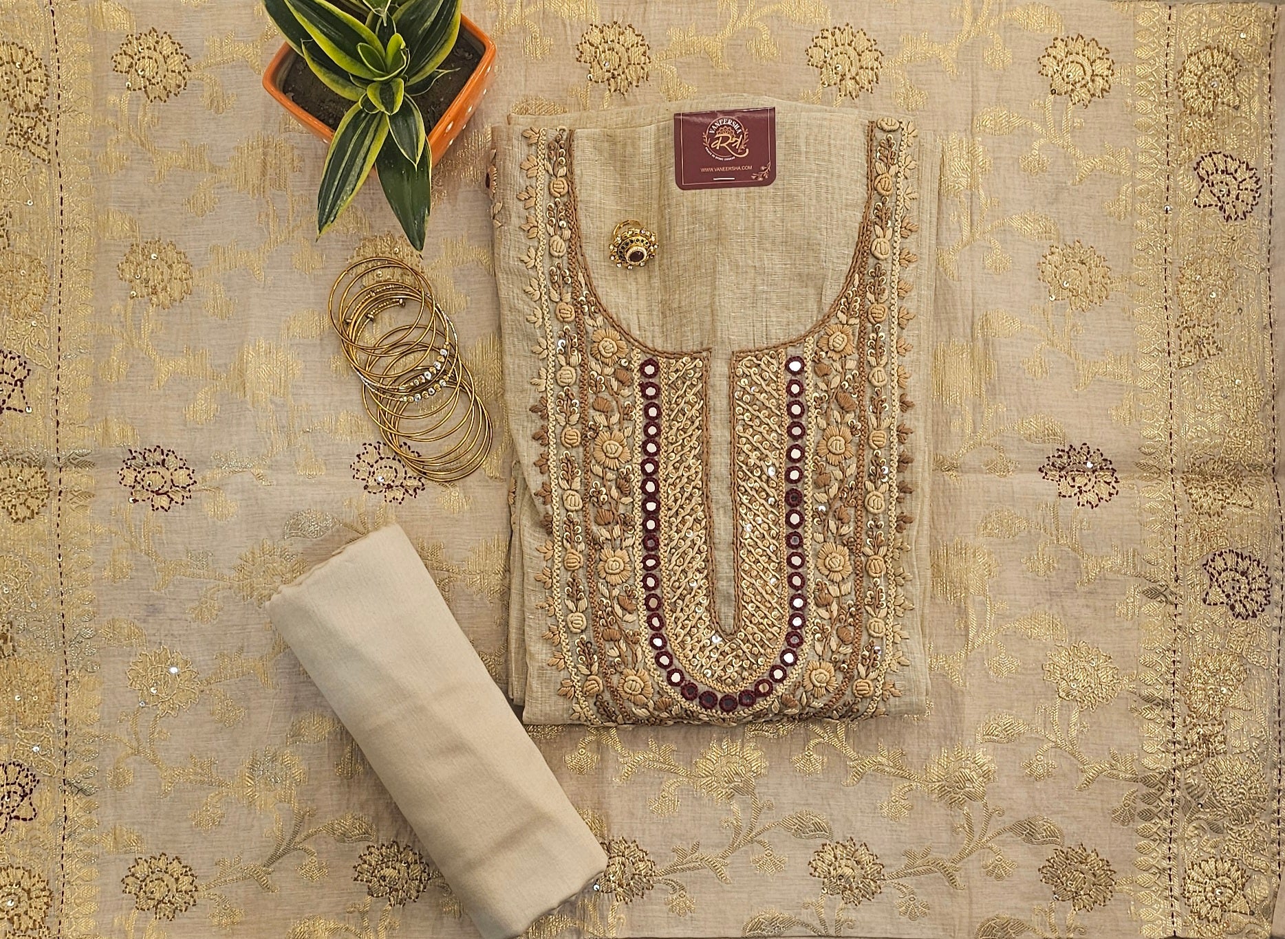 Premium Mal Chanderi Suit with Mirror & Kantha Work & Banarasi Dupatta