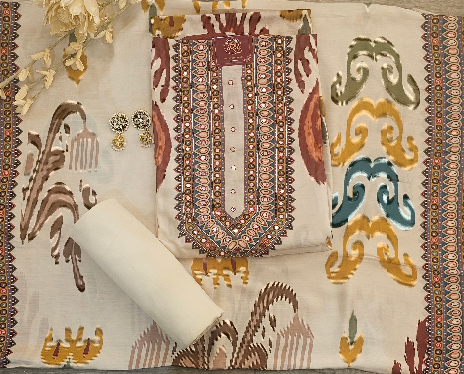 Beige Ikkat Printed Maslin Suit with Malai Cotton Bottom & Printed Maslin Dupatta