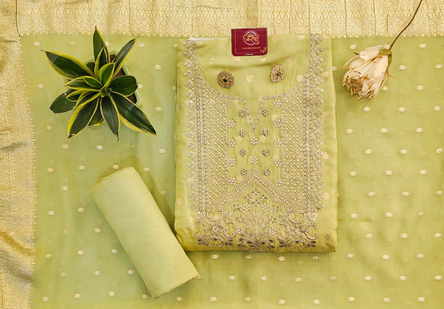 Self Banarasi Silk Unstitched Suit with Gota Patti & Moti Work , Paired with Gorgeous Georgette Dupatta
