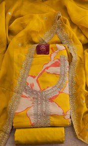 Mustard Yellow 4322Premium Shimmer Unstitched Suit with Jari & Sequin Work Neck With Soft Organza Dupatta
