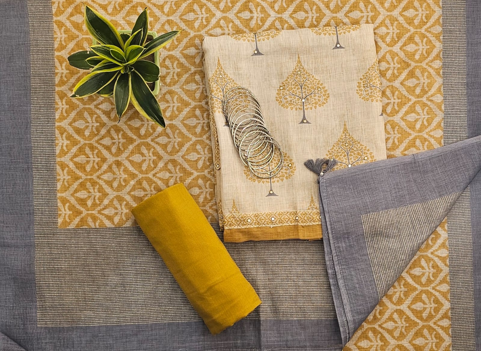 Elegant Linen Self-Printed Unstitched Suit with Printed Dupatta