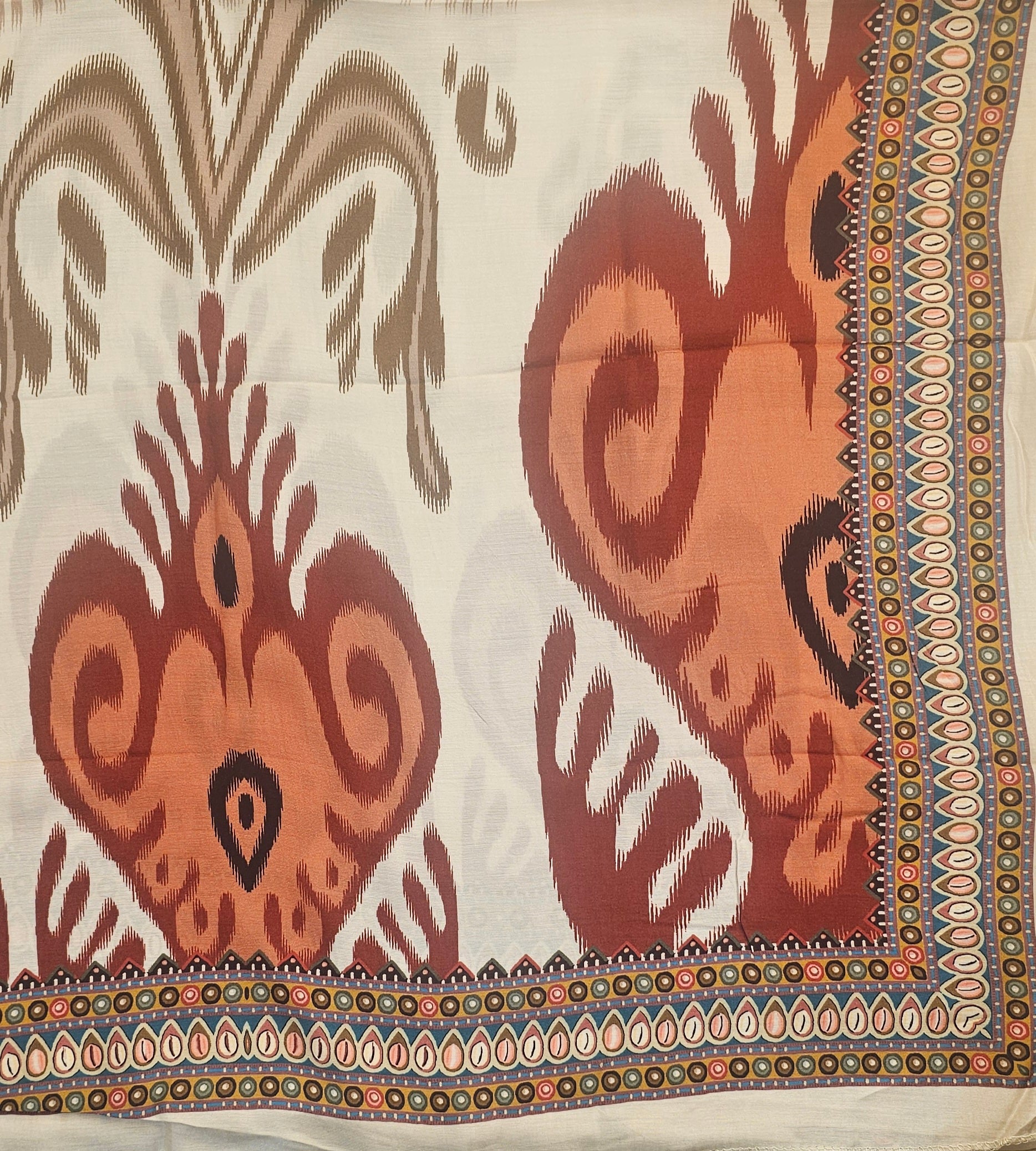 Beige Ikkat Printed Maslin Suit with Malai Cotton Bottom & Printed Maslin Dupatta