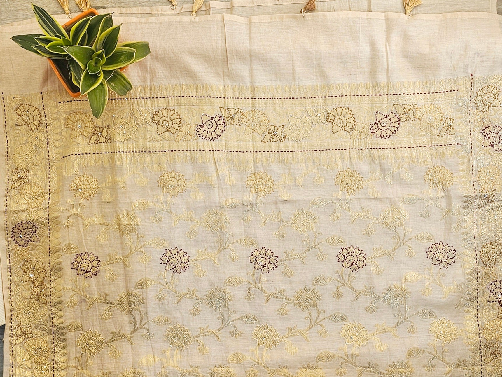 Premium Mal Chanderi Suit with Mirror & Kantha Work & Banarasi Dupatta