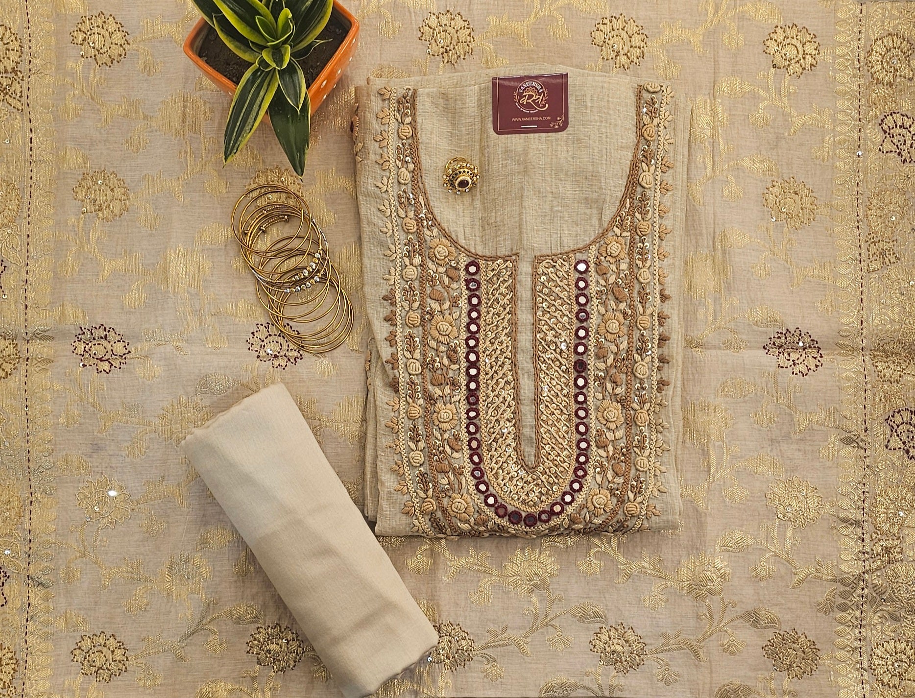 Premium Mal Chanderi Suit with Mirror & Kantha Work & Banarasi Dupatta