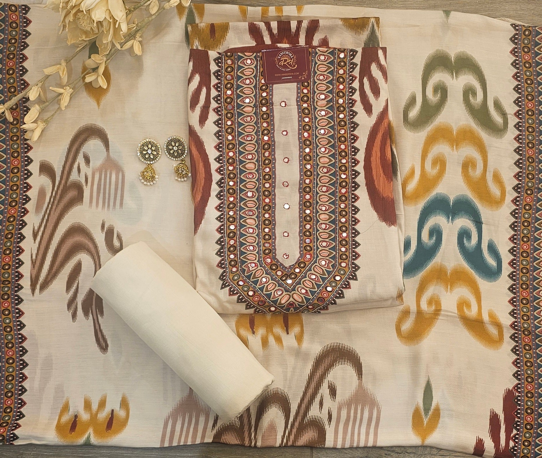 Beige Ikkat Printed Maslin Suit with Malai Cotton Bottom & Printed Maslin Dupatta