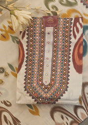 Beige Ikkat Printed Maslin Suit with Malai Cotton Bottom & Printed Maslin Dupatta