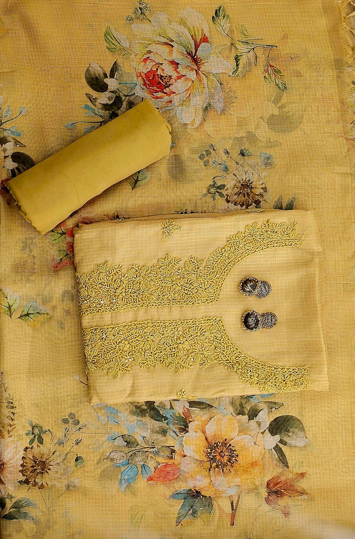 Elegant Kota Doria print Unstitched Suit with Embroidered Neck & Printed Organza Dupatta