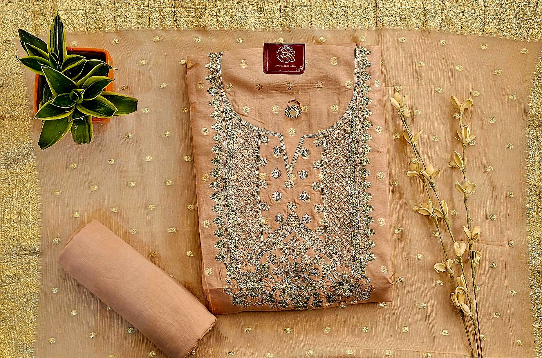 Self Banarasi Silk Unstitched Suit with Gota Patti & Moti Work , Paired with Gorgeous Georgette Dupatta