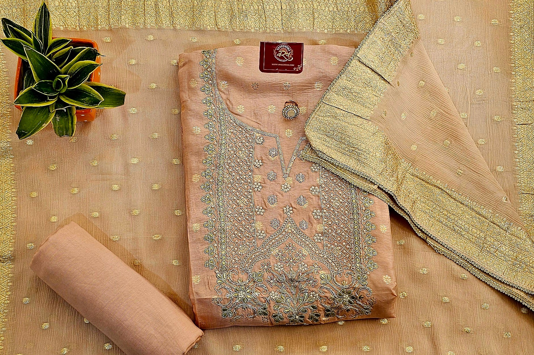 Self Banarasi Silk Unstitched Suit with Gota Patti & Moti Work , Paired with Gorgeous Georgette Dupatta