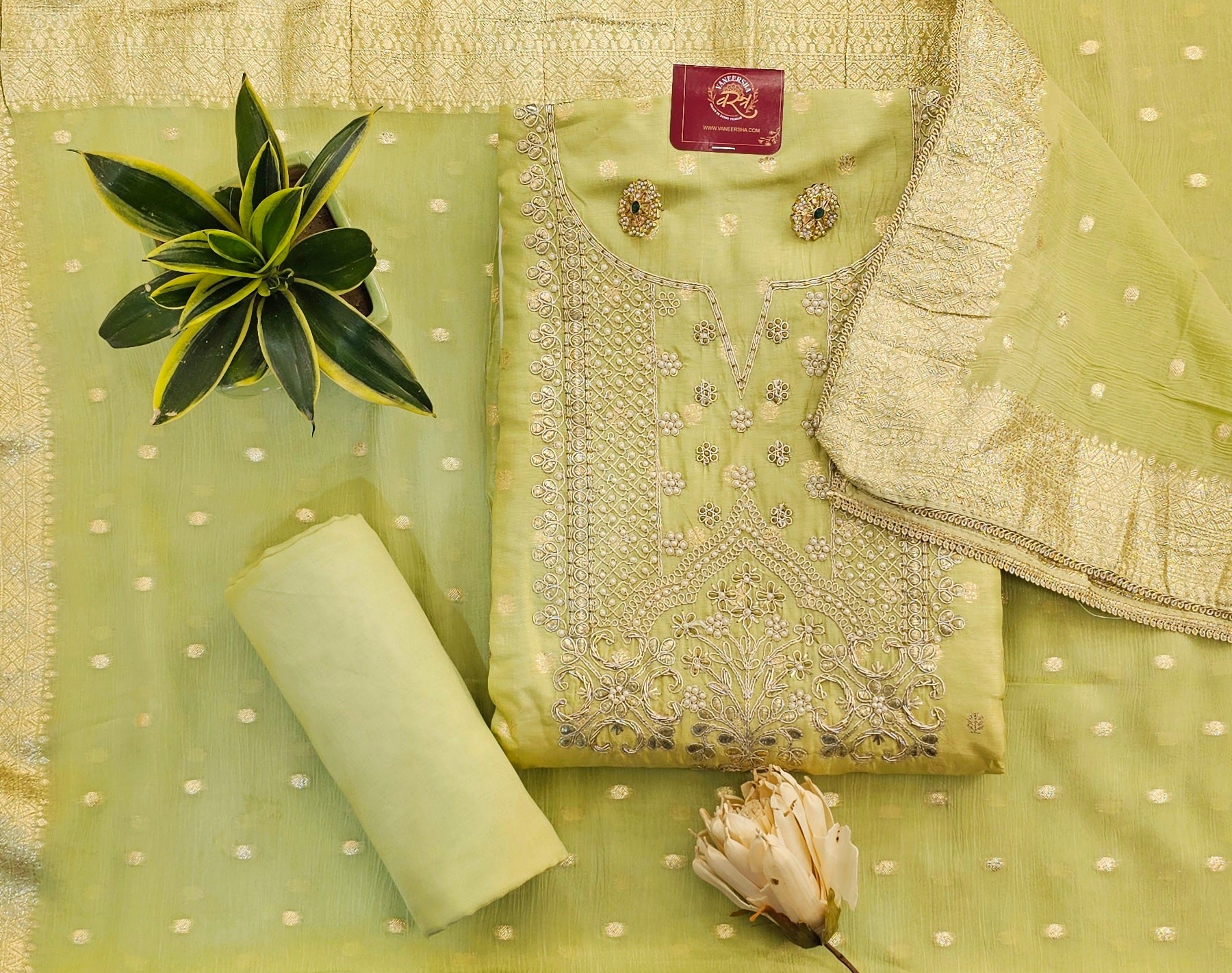 Self Banarasi Silk Unstitched Suit with Gota Patti & Moti Work , Paired with Gorgeous Georgette Dupatta