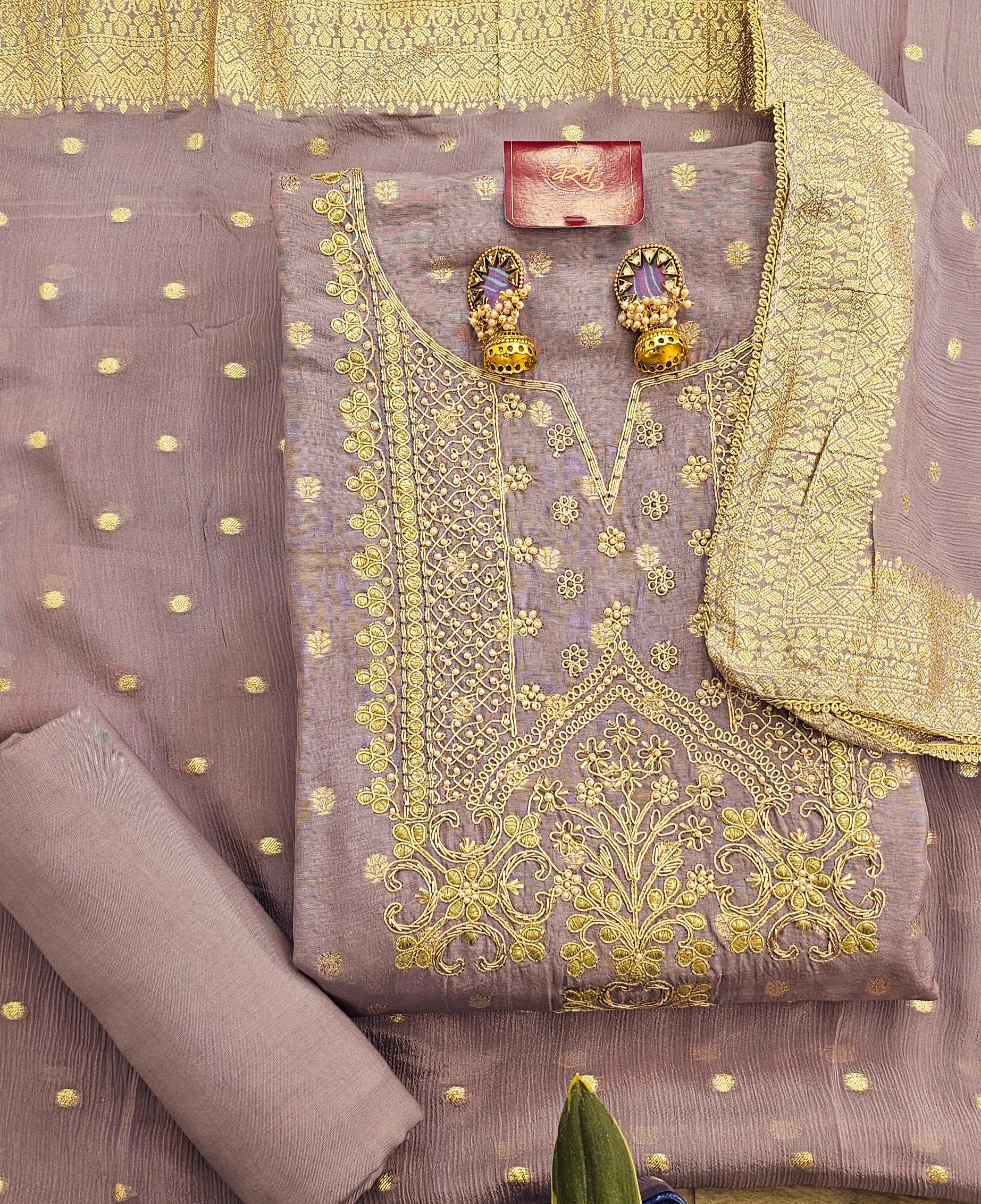 Self Banarasi Silk Unstitched Suit with Gota Patti & Moti Work , Paired with Gorgeous Georgette Dupatta