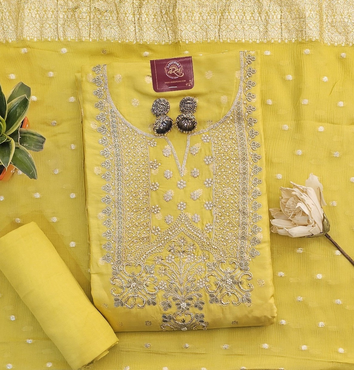 Self Banarasi Silk Unstitched Suit with Gota Patti & Moti Work , Paired with Gorgeous Georgette Dupatta