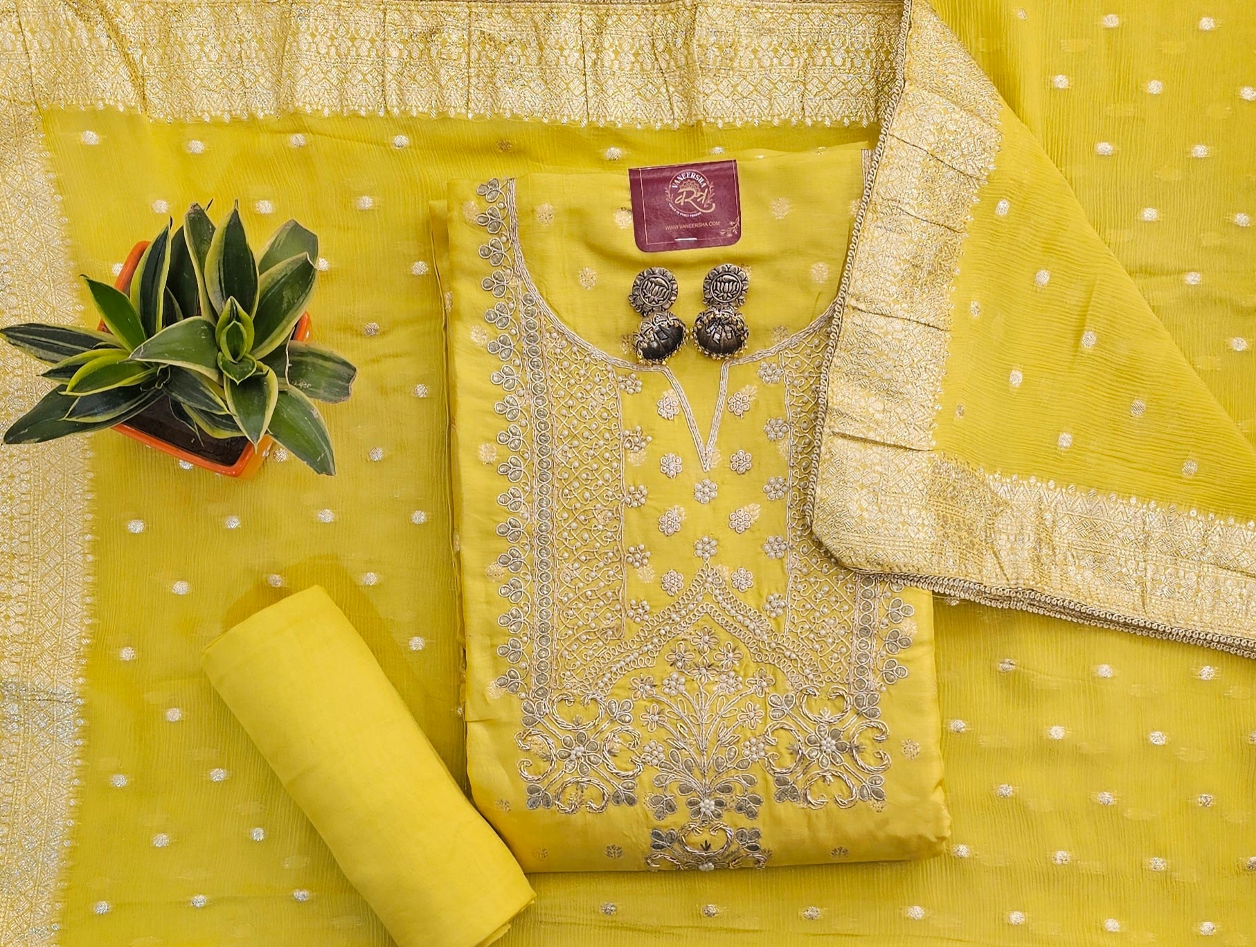 Self Banarasi Silk Unstitched Suit with Gota Patti & Moti Work , Paired with Gorgeous Georgette Dupatta