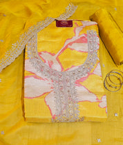 Mustard Yellow 4322Premium Shimmer Unstitched Suit with Jari & Sequin Work Neck With Soft Organza Dupatta