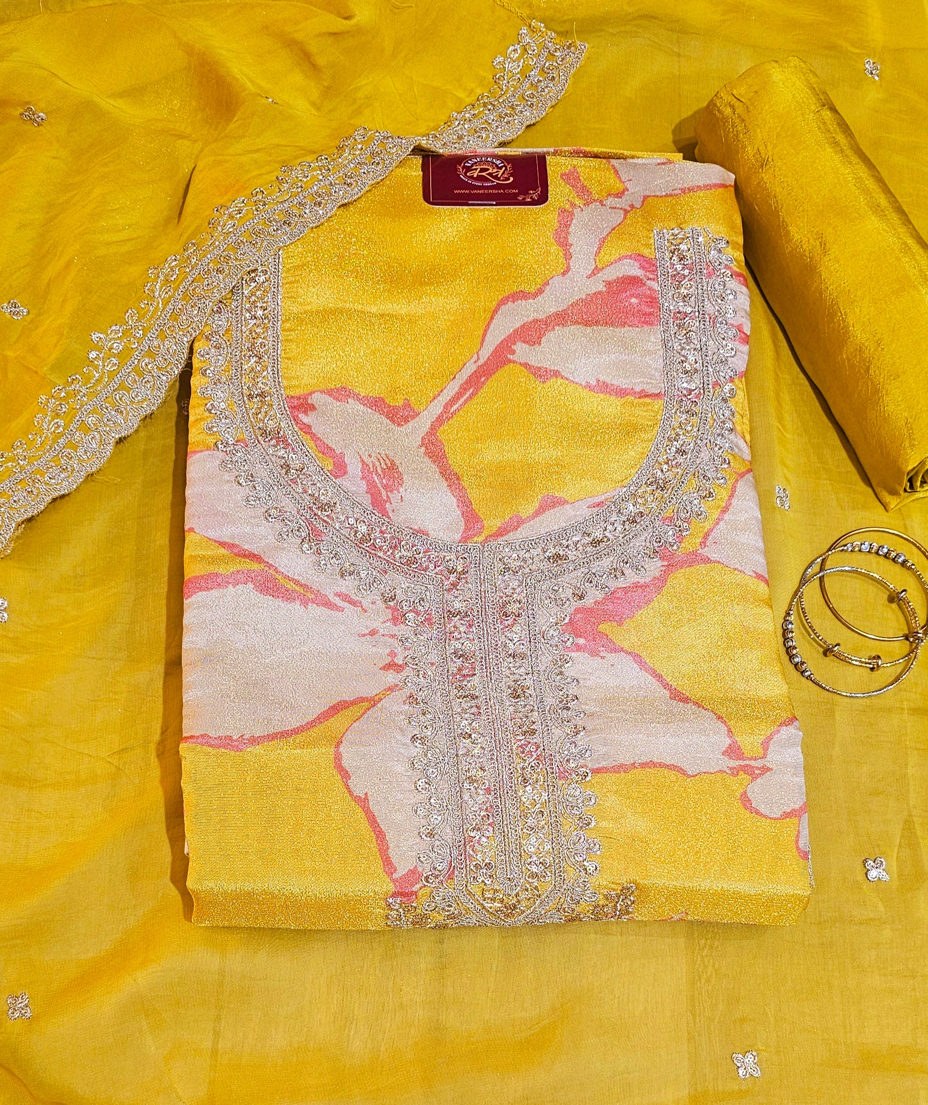Mustard Yellow 4322Premium Shimmer Unstitched Suit with Jari & Sequin Work Neck With Soft Organza Dupatta