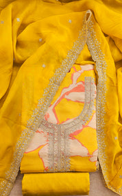 Mustard Yellow 4322Premium Shimmer Unstitched Suit with Jari & Sequin Work Neck With Soft Organza Dupatta