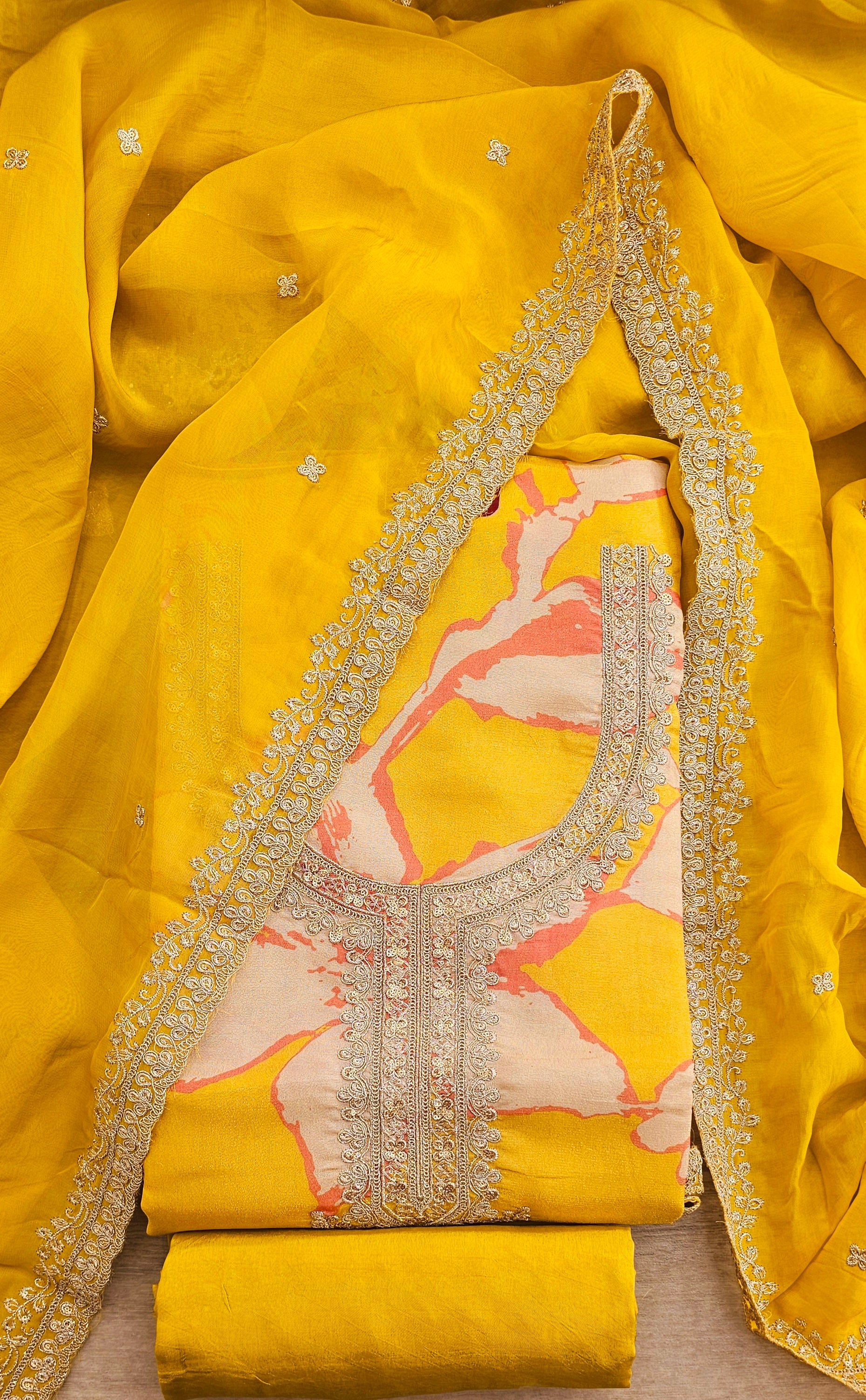 Mustard Yellow 4322Premium Shimmer Unstitched Suit with Jari & Sequin Work Neck With Soft Organza Dupatta