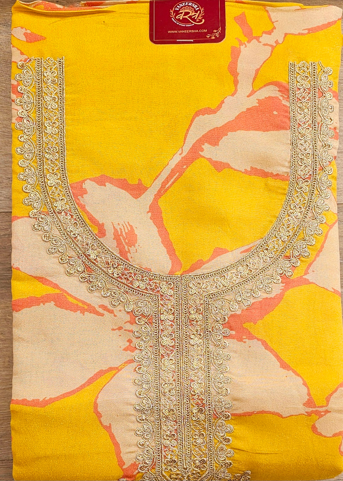 Mustard Yellow 4322Premium Shimmer Unstitched Suit with Jari & Sequin Work Neck With Soft Organza Dupatta