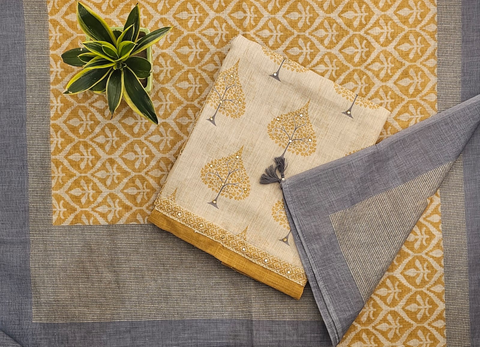 Elegant Linen Self-Printed Unstitched Suit with Printed Dupatta