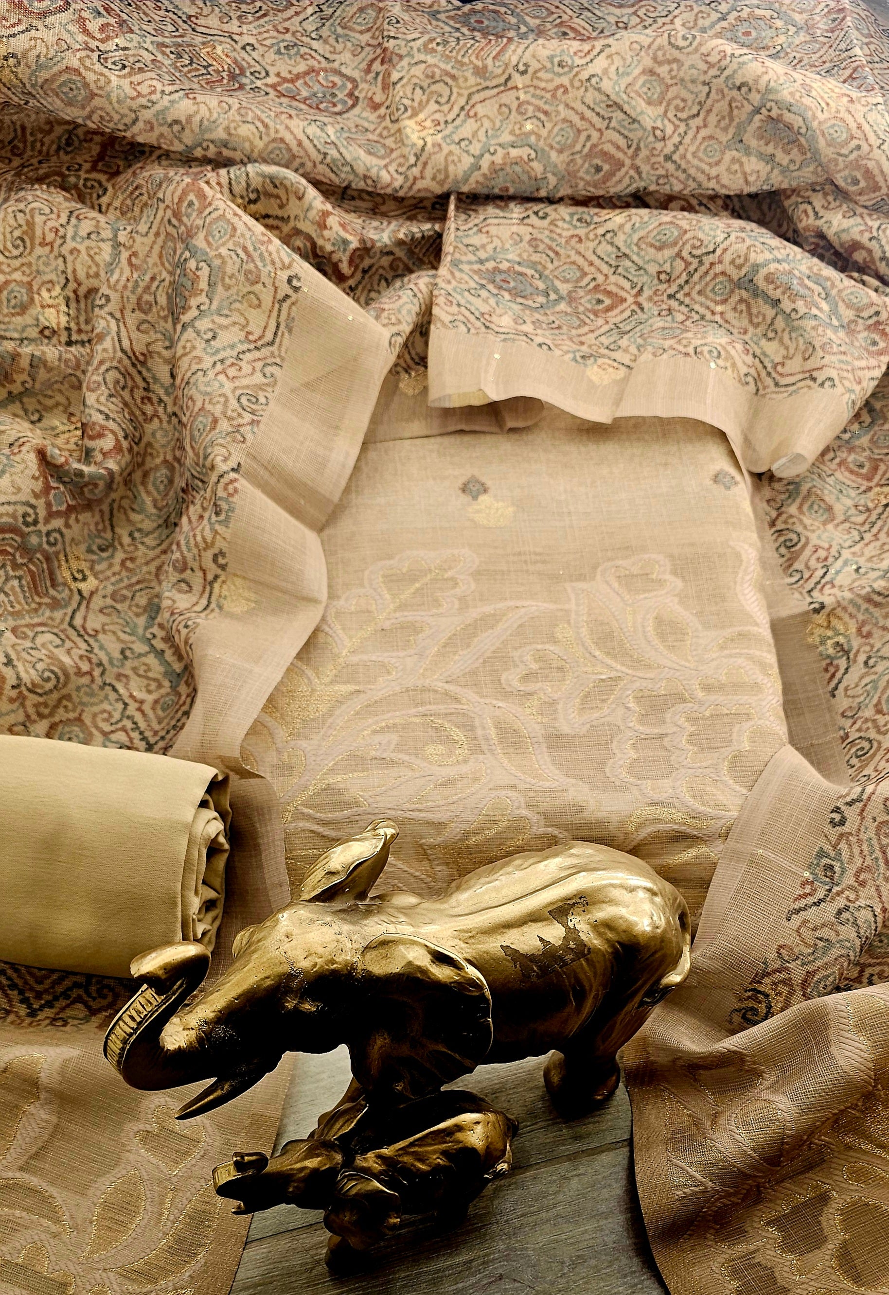Brown Self Banarasi Linen Jacquard Unstitched Suit with Malai Cotton Bottom & Linen Jacquard Dupatta