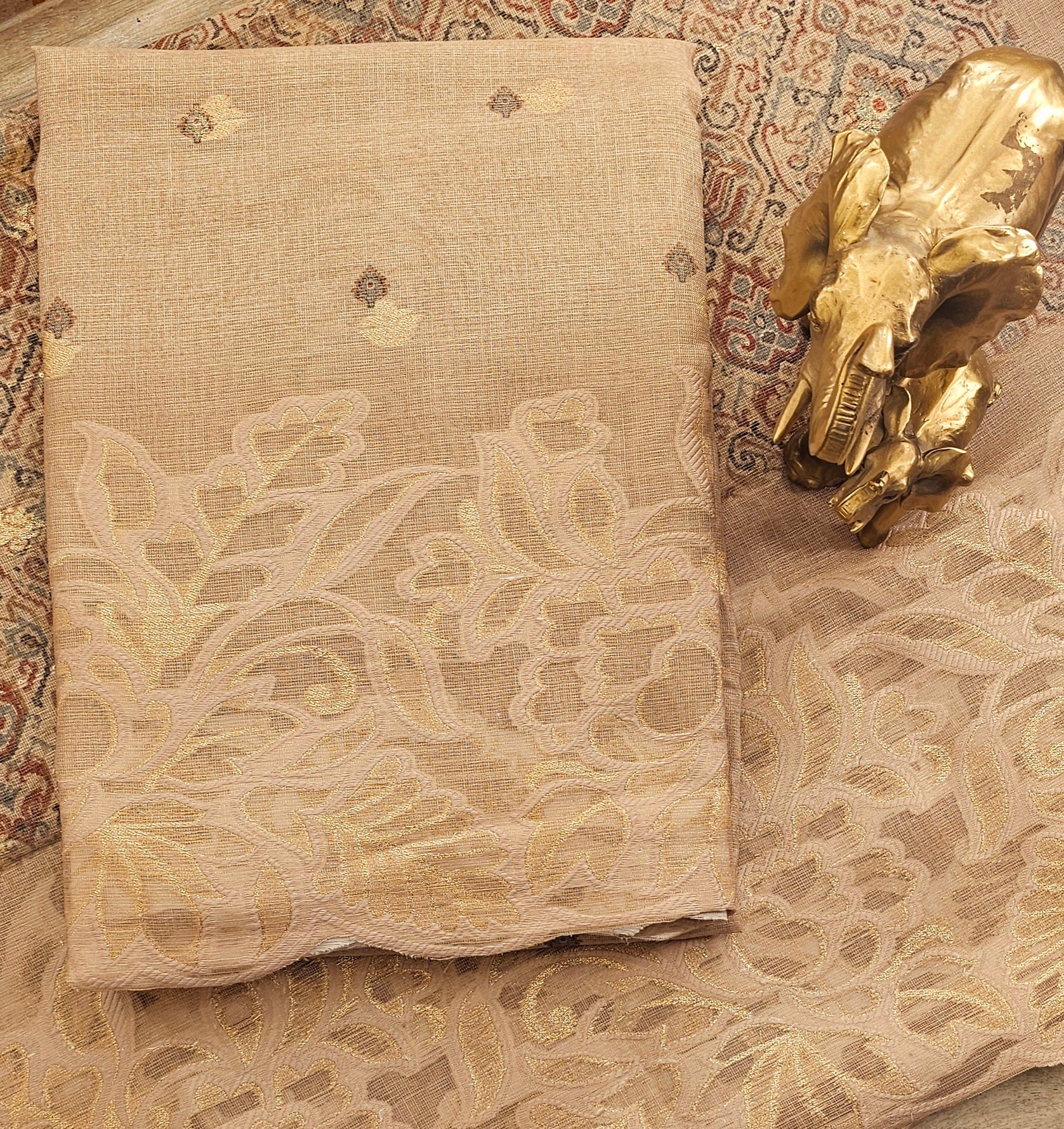 Brown Self Banarasi Linen Jacquard Unstitched Suit with Malai Cotton Bottom & Linen Jacquard Dupatta