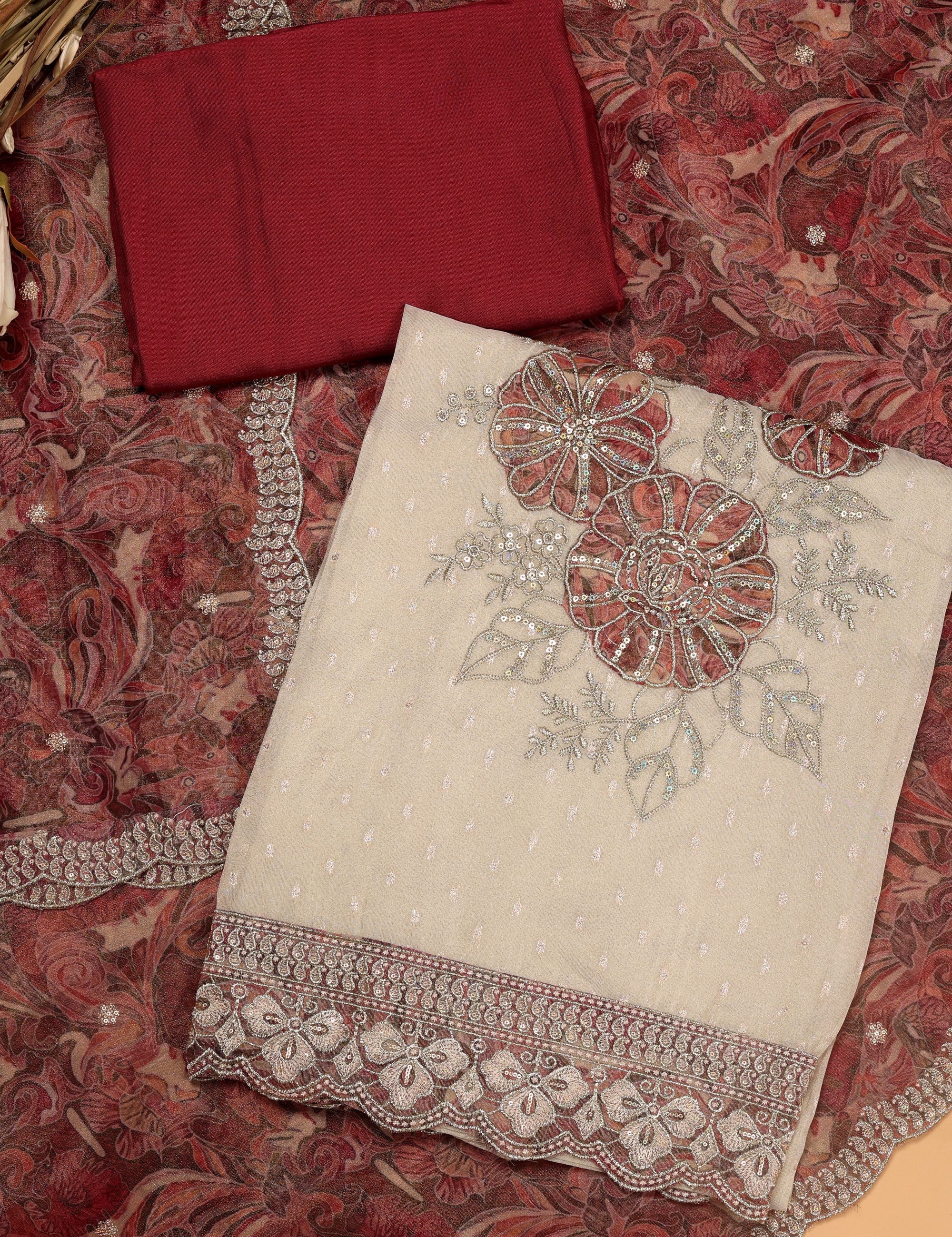 Shimmer Silk Floral Work Suit