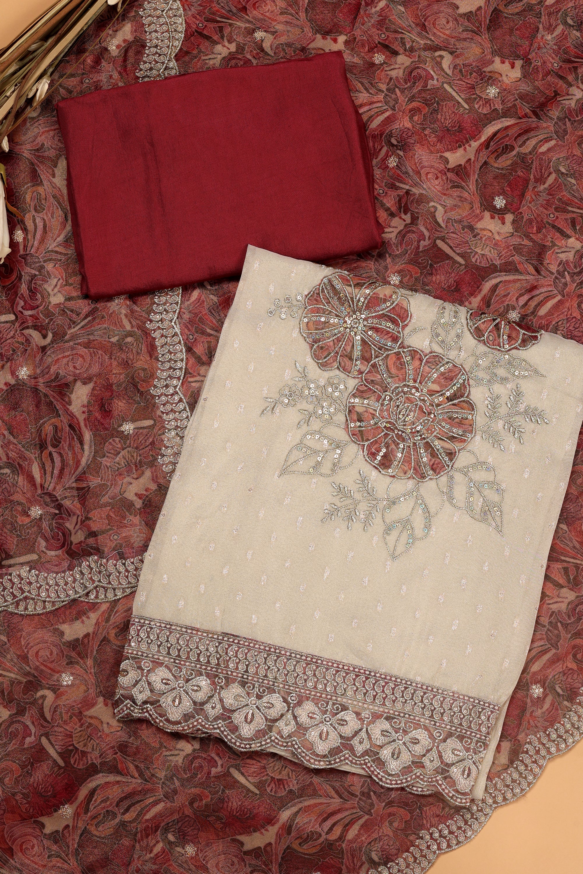 Shimmer Silk Floral Work Suit