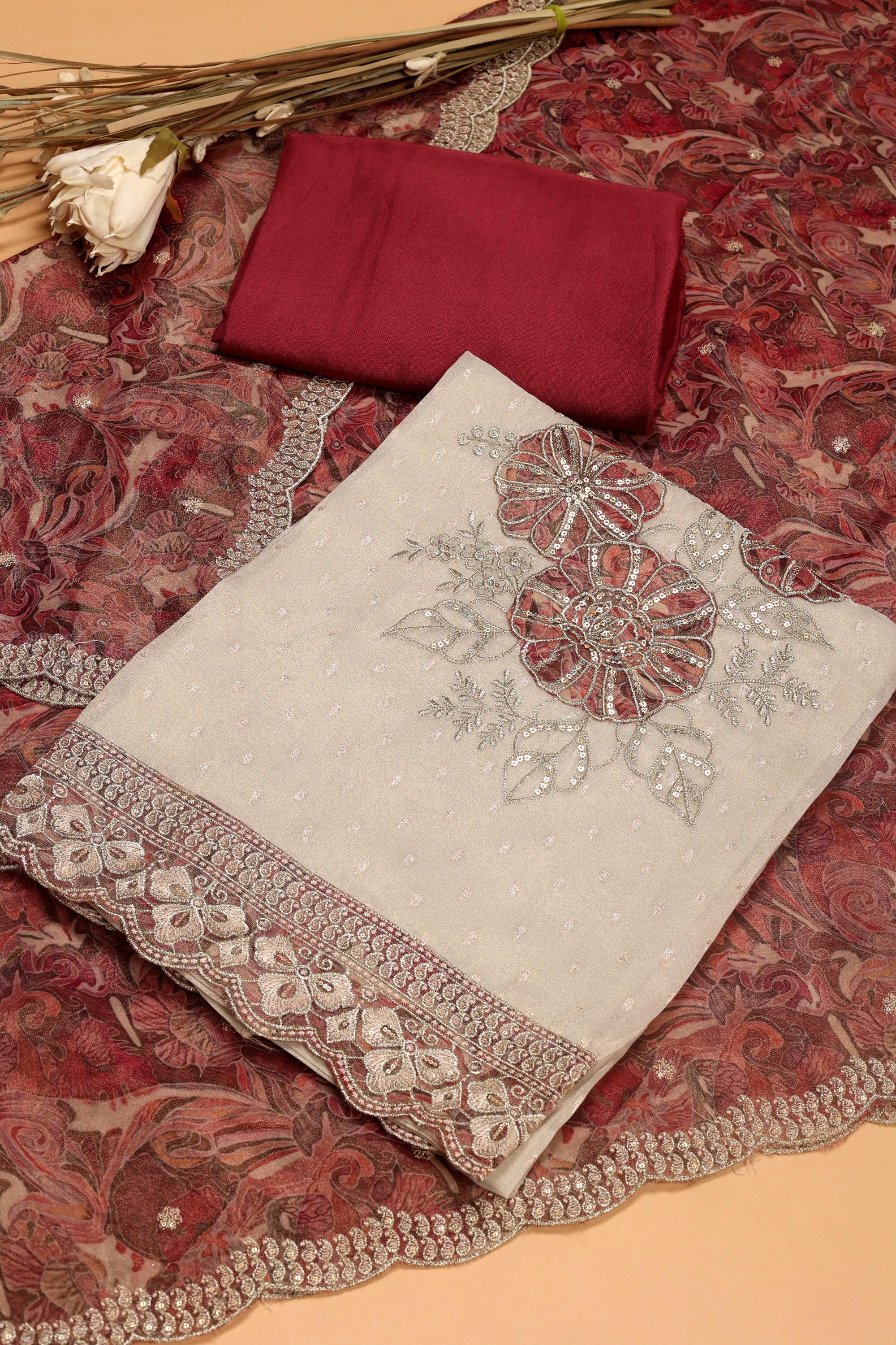 Shimmer Silk Floral Work Suit