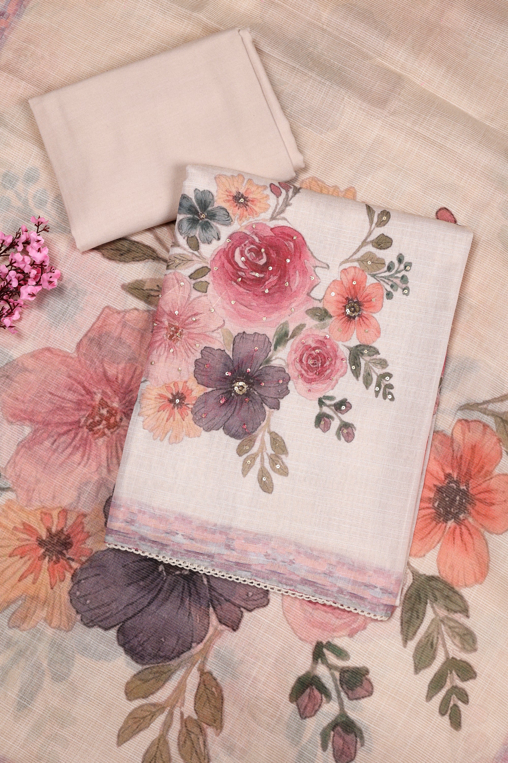 Floral Print and Sequin Work Tissue Linen Suit