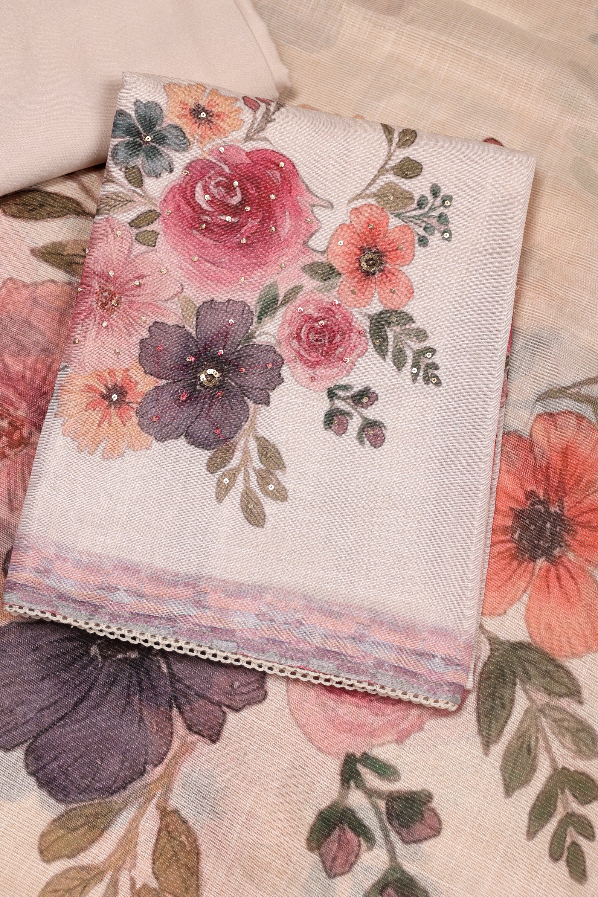 Floral Print and Sequin Work Tissue Linen Suit