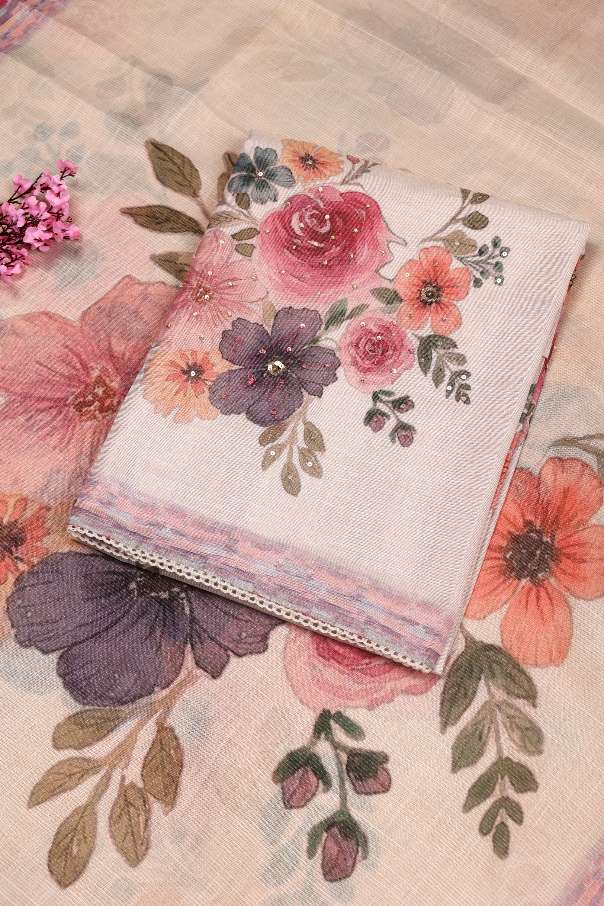 Floral Print and Sequin Work Tissue Linen Suit