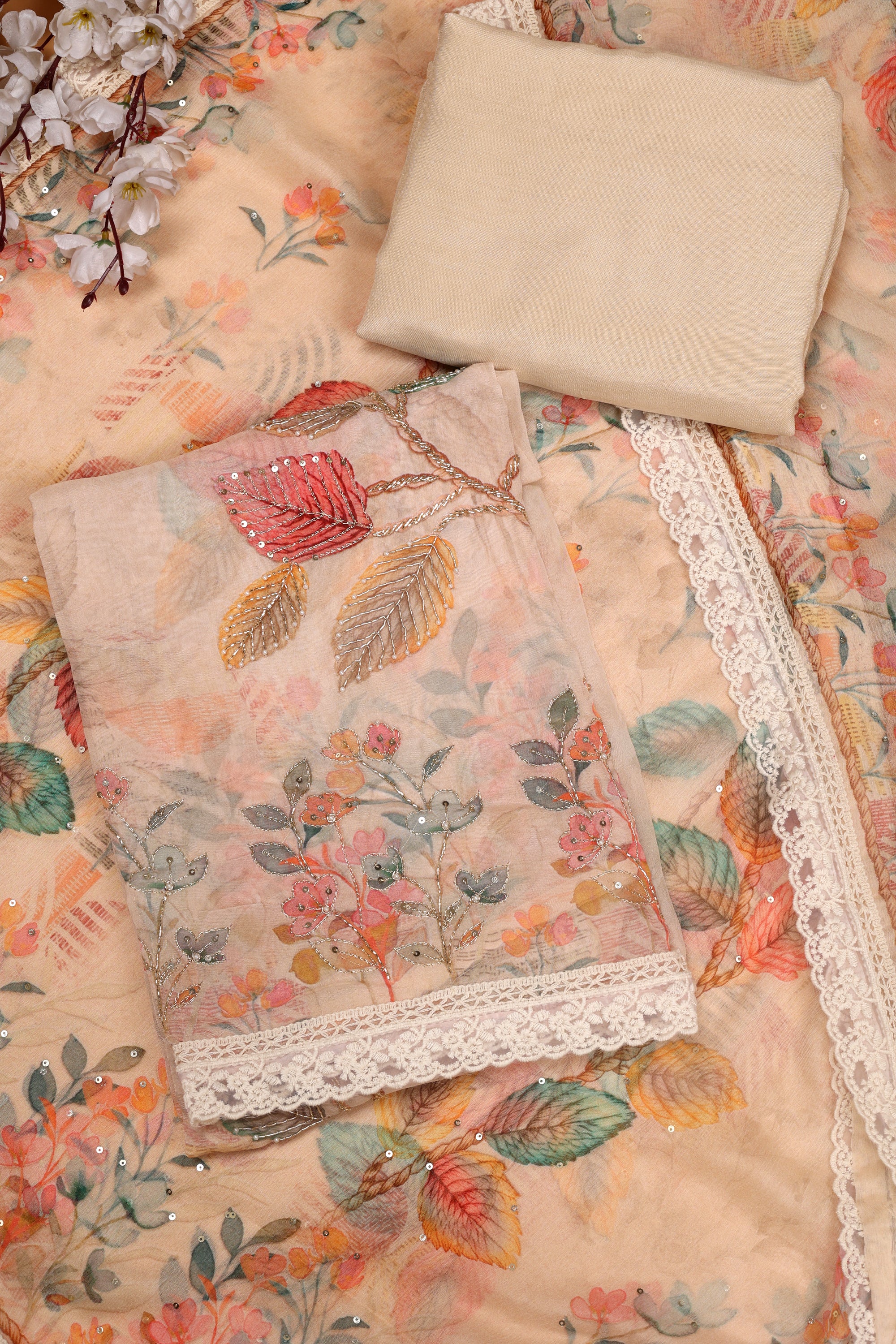Organza Zari Leaf Print Suit
