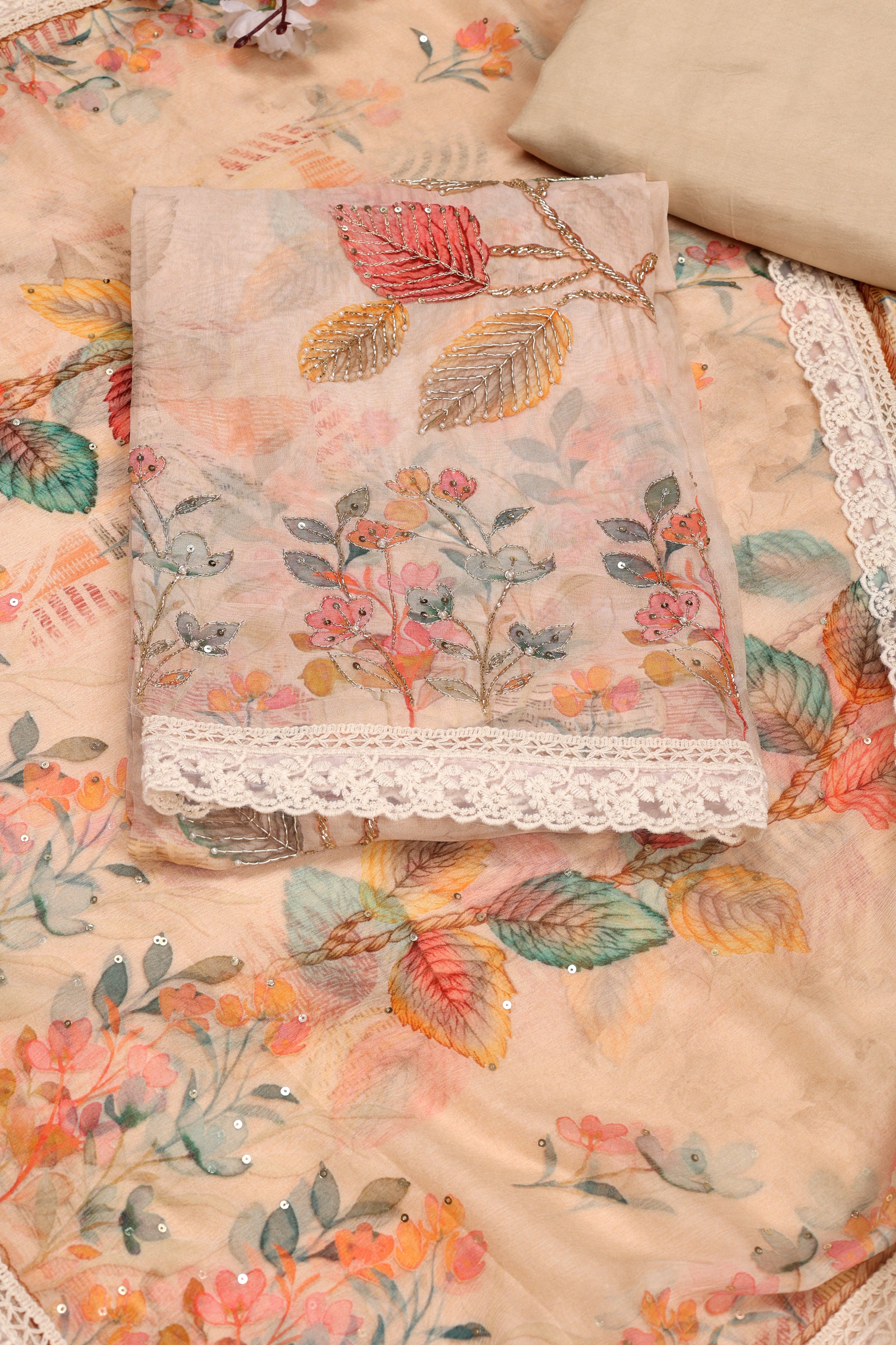 Organza Zari Leaf Print Suit