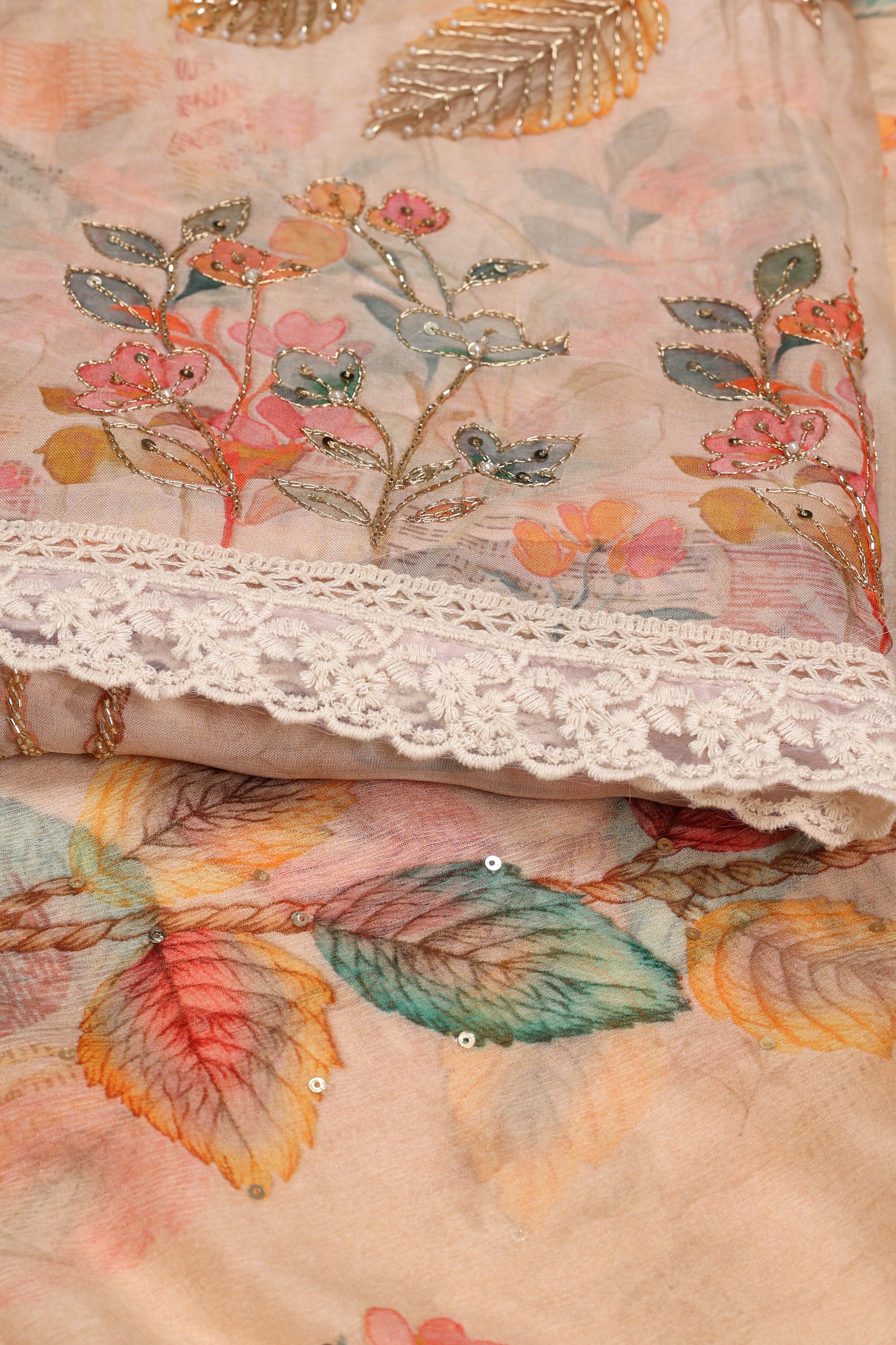 Organza Zari Leaf Print Suit