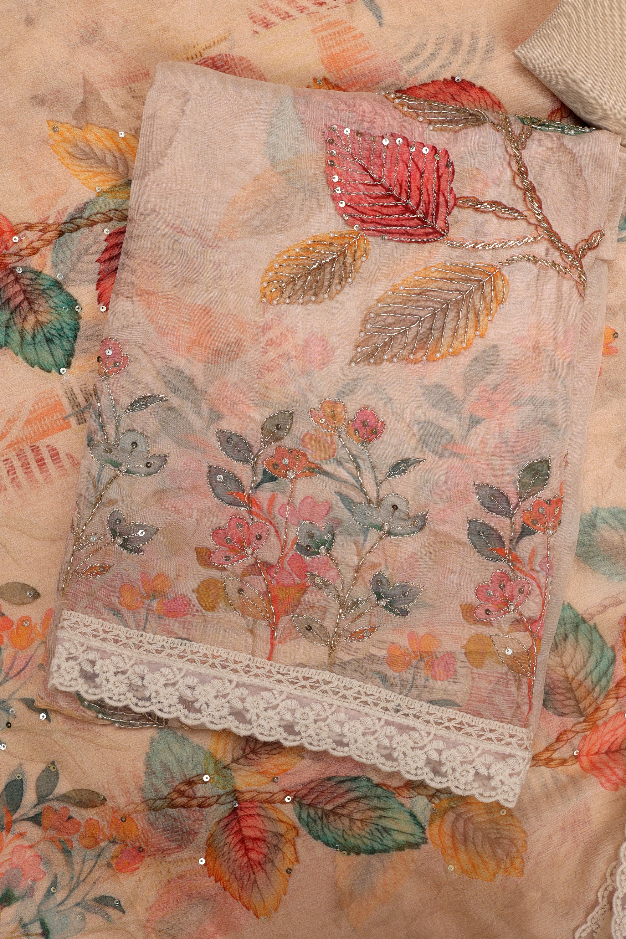 Organza Zari Leaf Print Suit