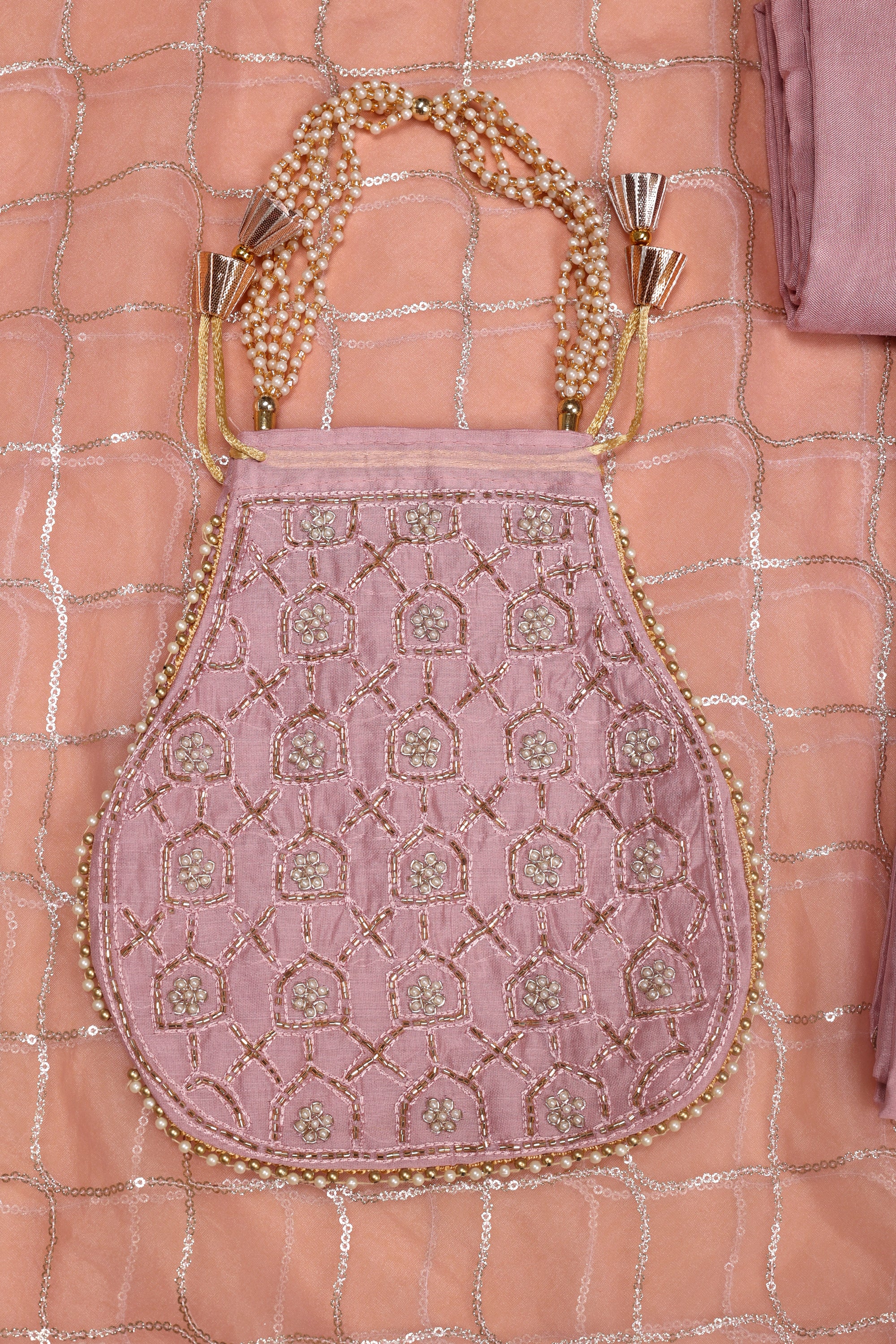 Beautiful Kat Dana Work Chanderi Suit with Potli