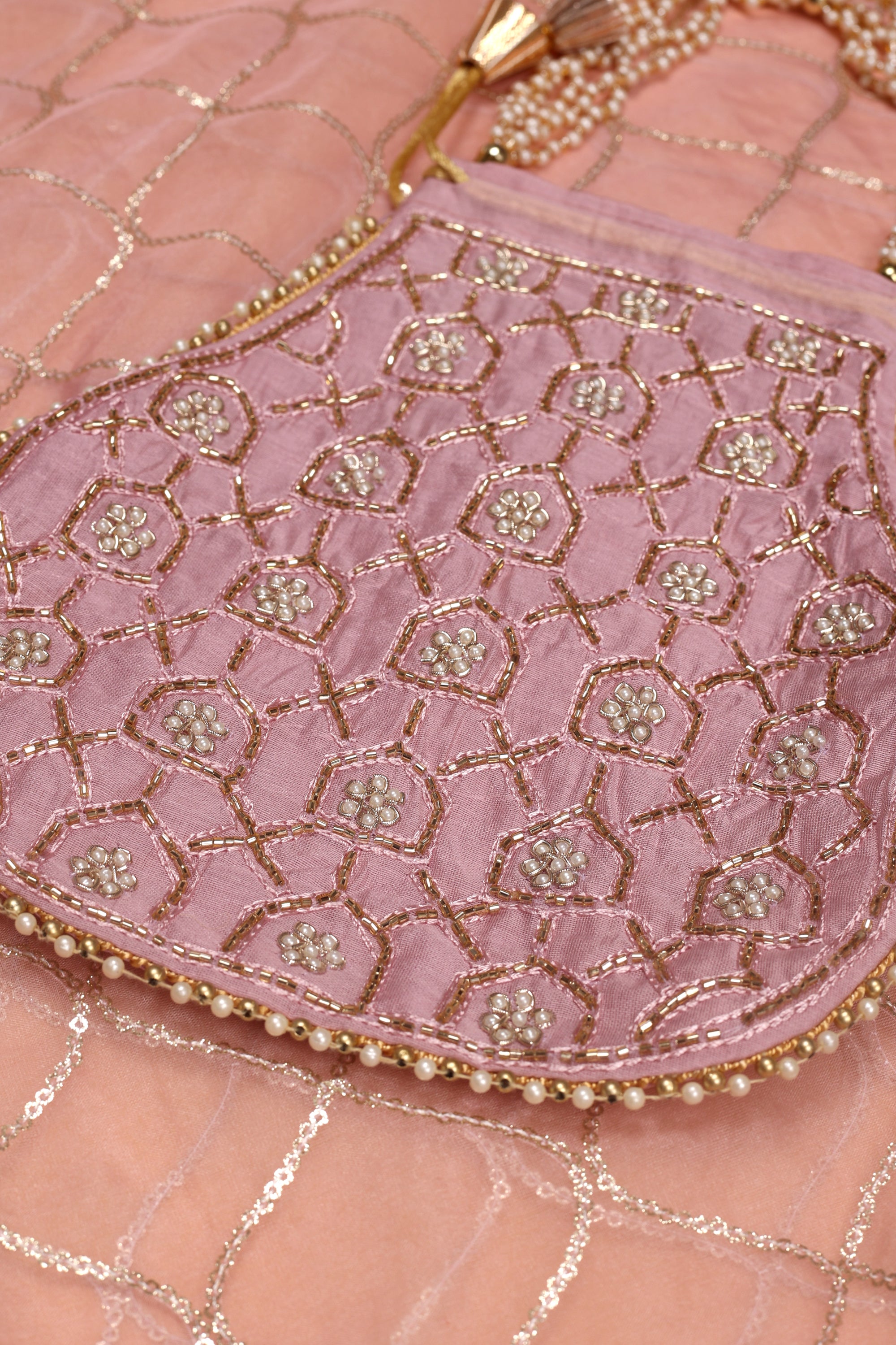 Beautiful Kat Dana Work Chanderi Suit with Potli