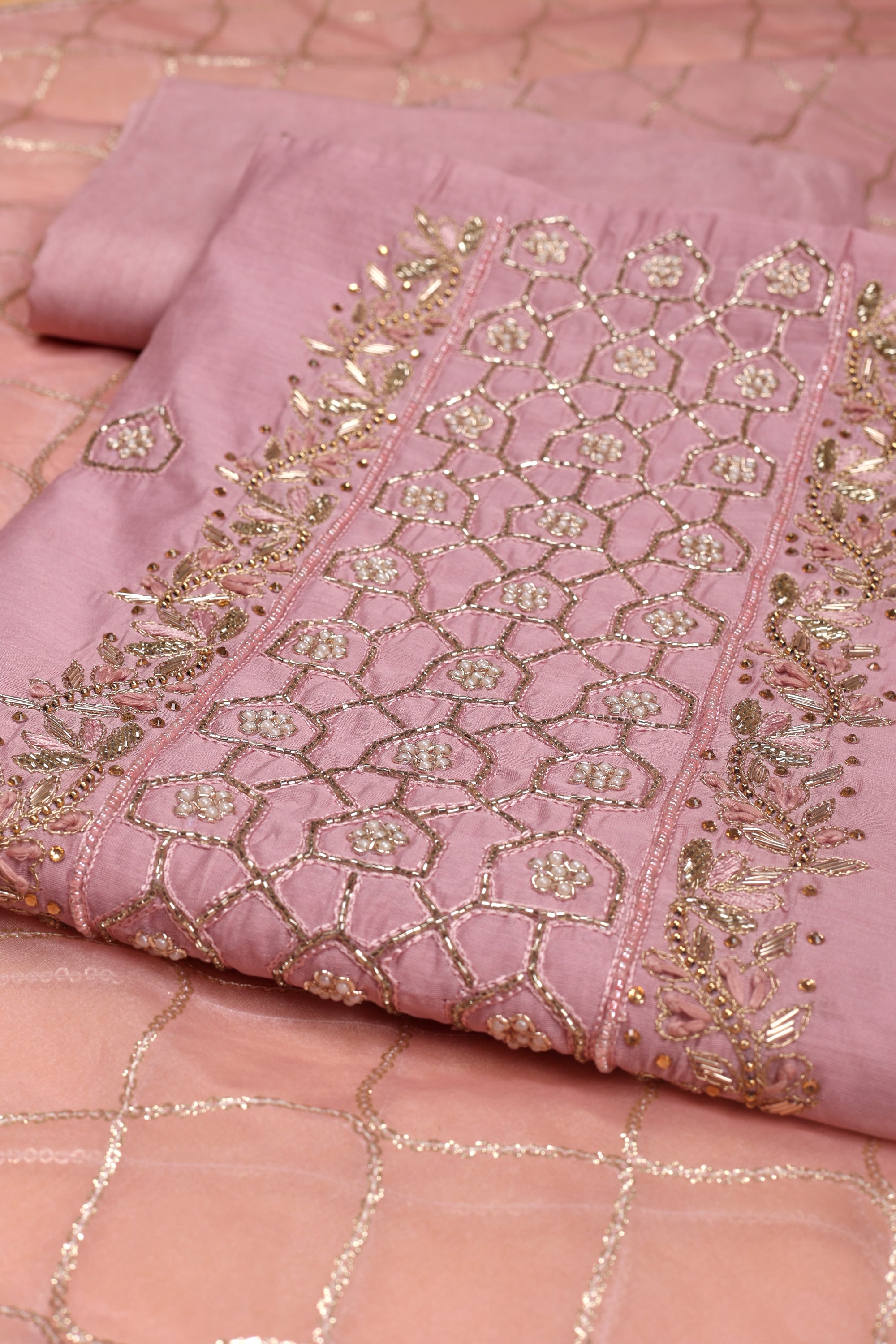 Beautiful Kat Dana Work Chanderi Suit with Potli