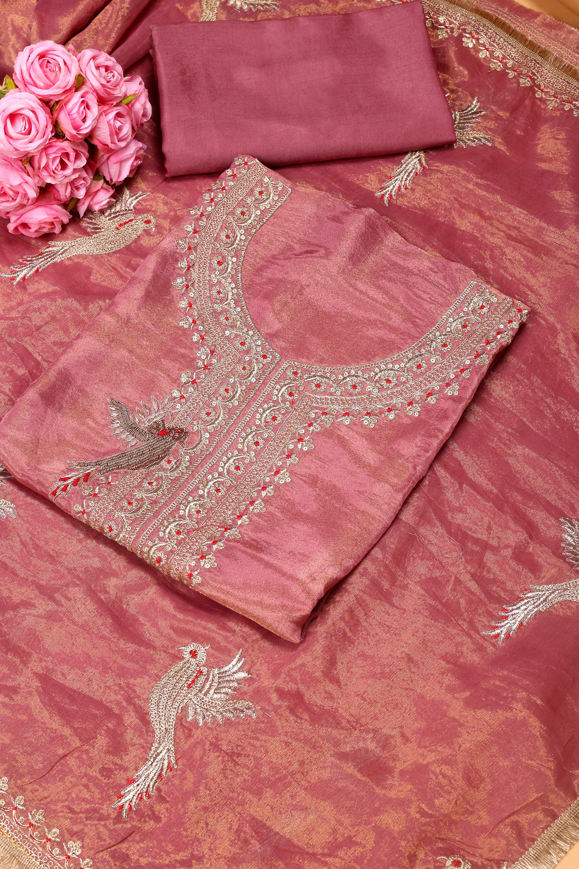 Women's Heavy Simmer Silk Embroidery Codding Work Unstitched Suit