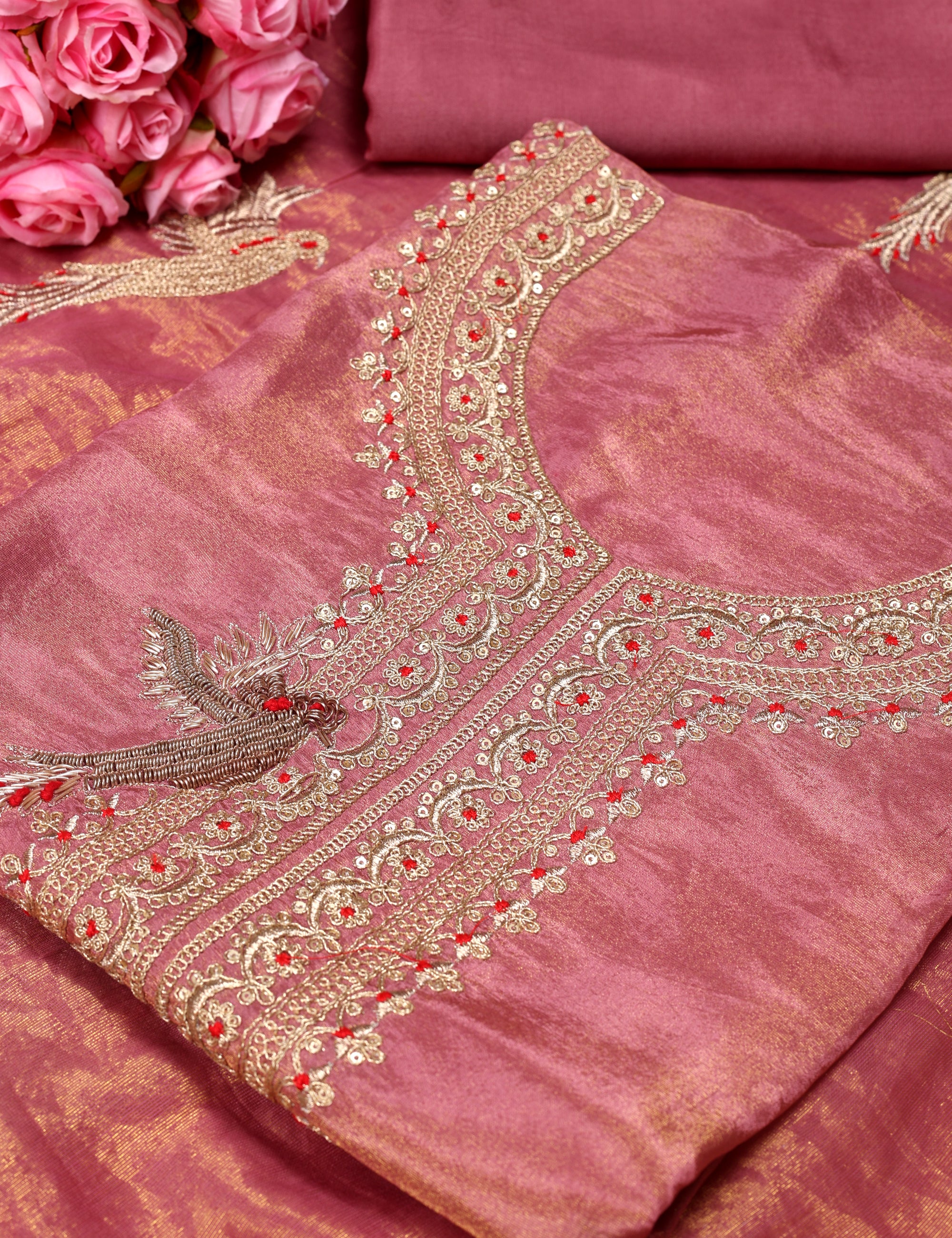 Women's Heavy Simmer Silk Embroidery Codding Work Unstitched Suit