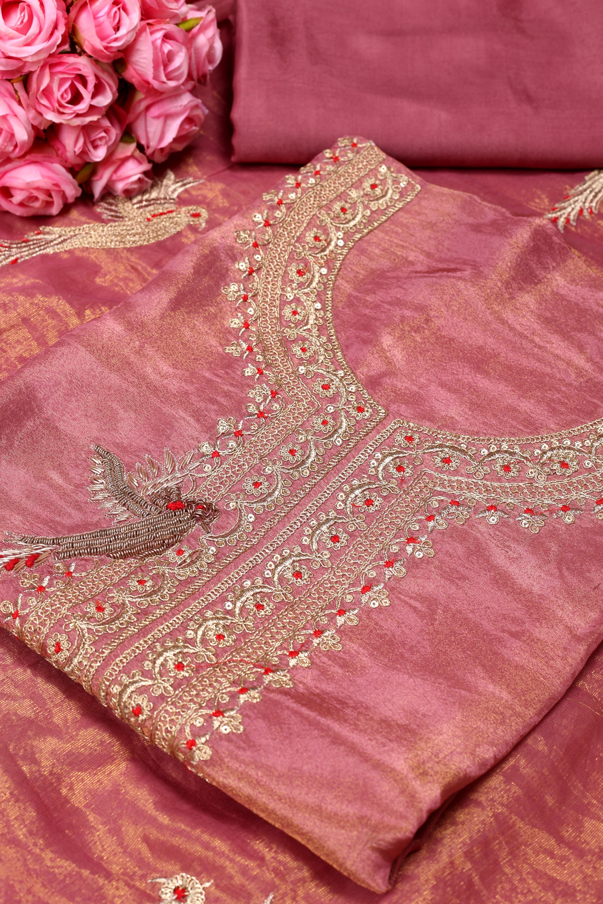 Women's Heavy Simmer Silk Embroidery Codding Work Unstitched Suit