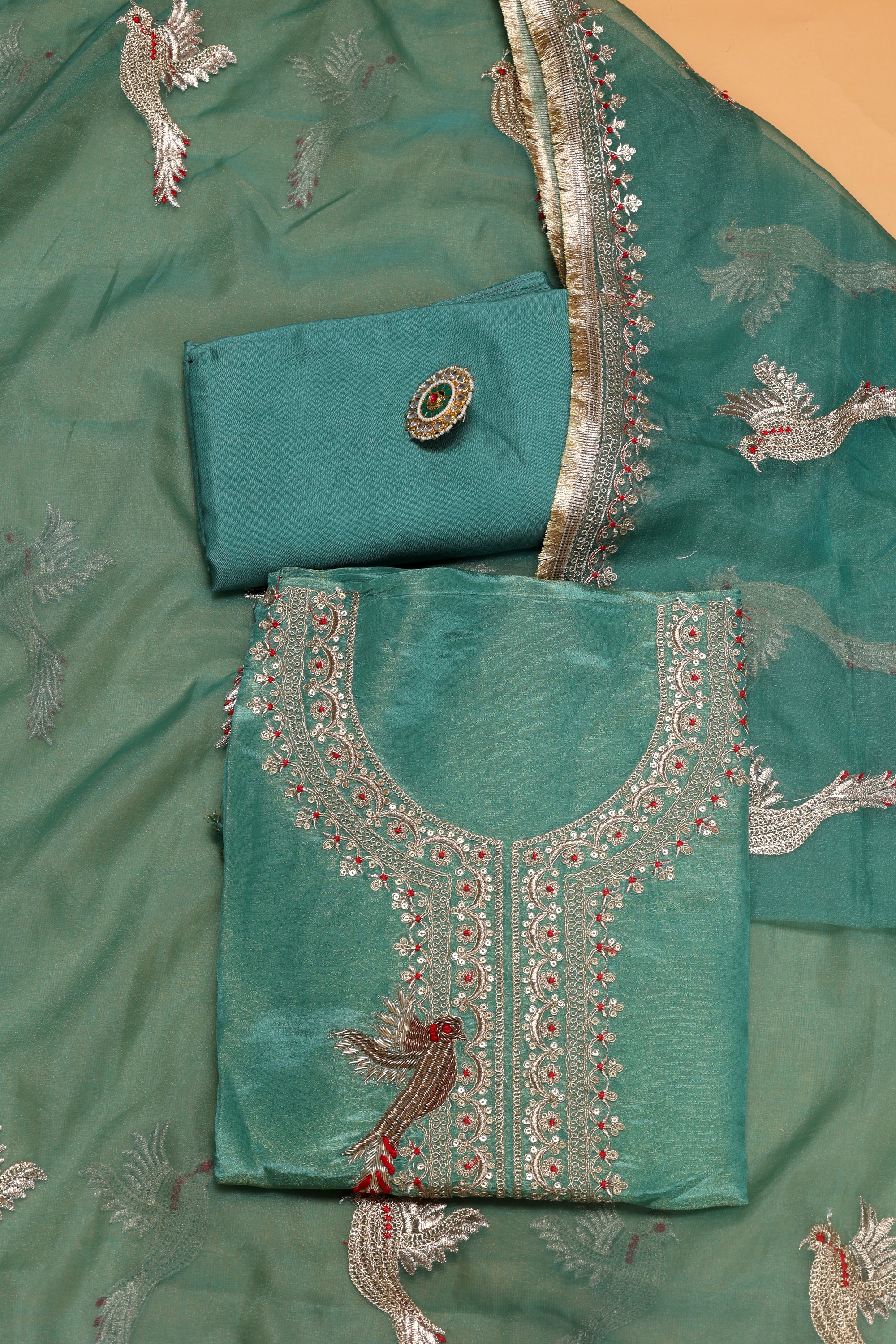 Women's Heavy Simmer Silk Embroidery Codding Work Unstitched Suit