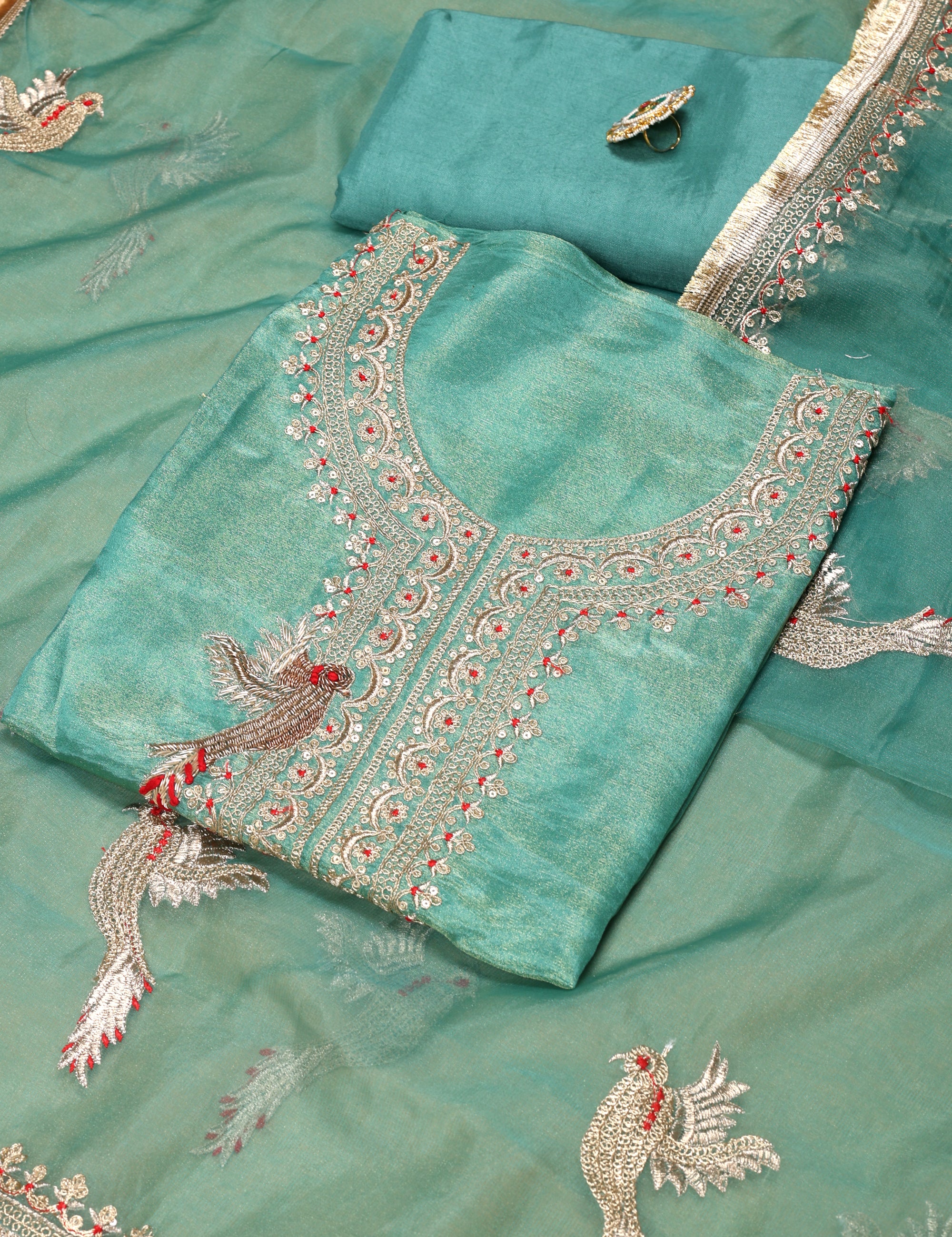 Women's Heavy Simmer Silk Embroidery Codding Work Unstitched Suit