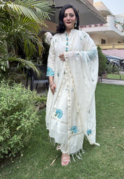 Soft Off-white Premium Chanderi Embroidered A-Line Kurta set ( set of 3)