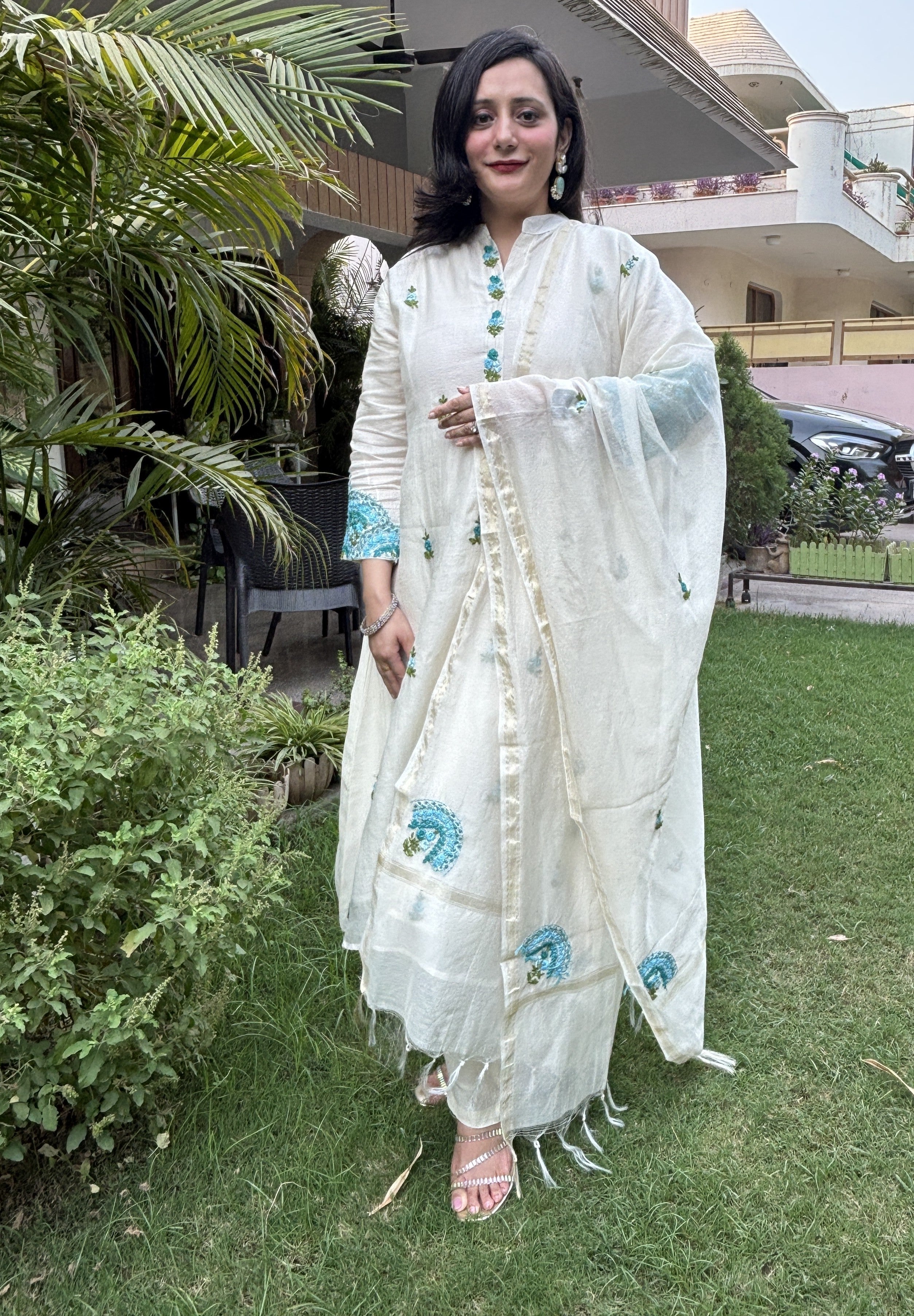 Soft Off-white Premium Chanderi Embroidered A-Line Kurta set ( set of 3)