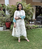 Soft Off-white Premium Chanderi Embroidered A-Line Kurta set ( set of 3)