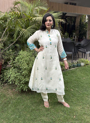 Soft Off-white Premium Chanderi Embroidered A-Line Kurta set ( set of 3)