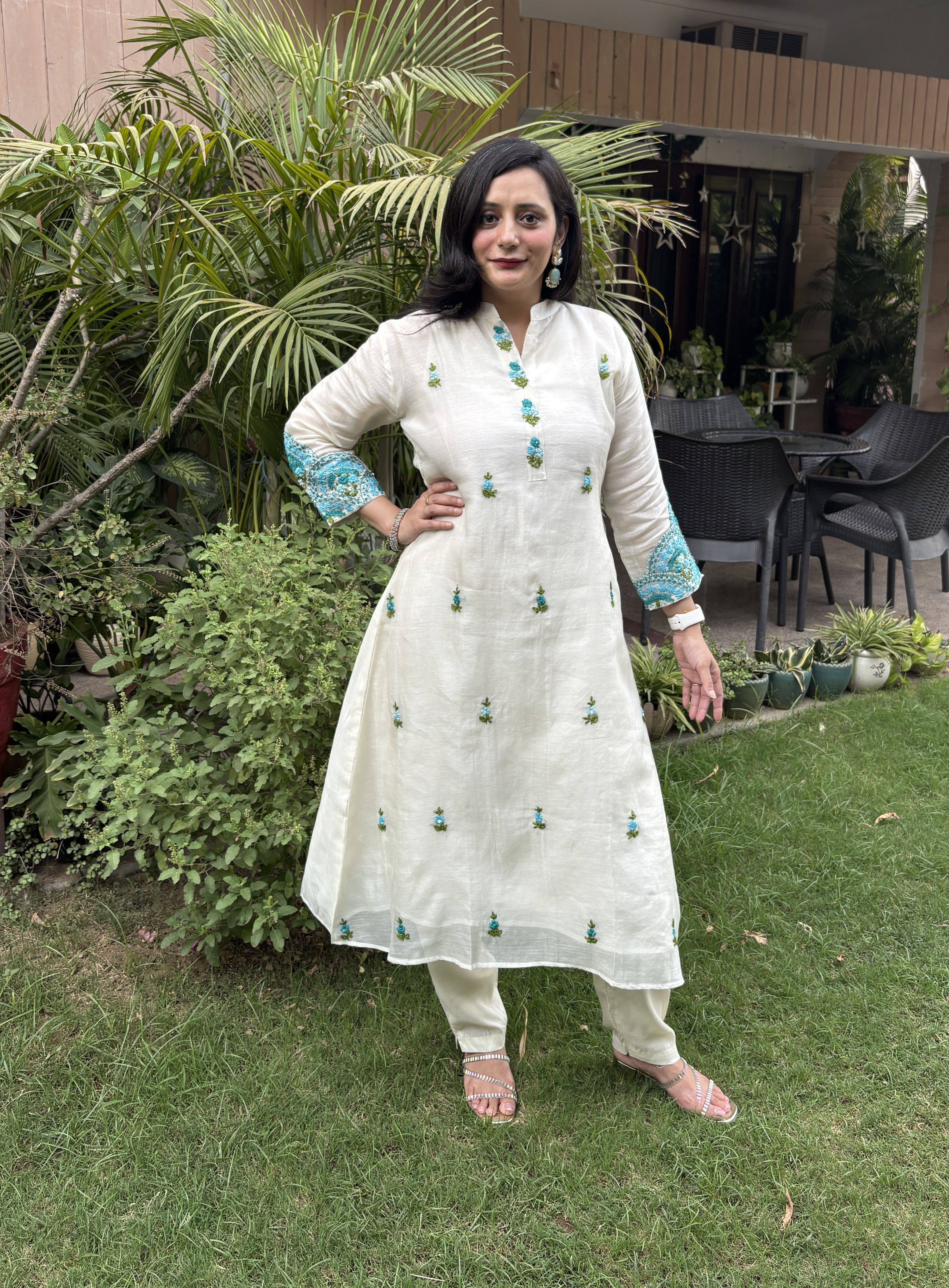 Soft Off-white Premium Chanderi Embroidered A-Line Kurta set ( set of 3)